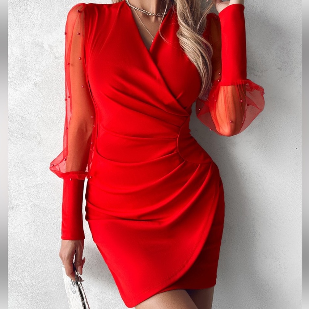 Red long sleeve pearl holiday dress size large